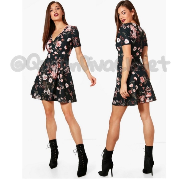 Dresses & Skirts - Black floral Surplice wrap fit flare skater dress